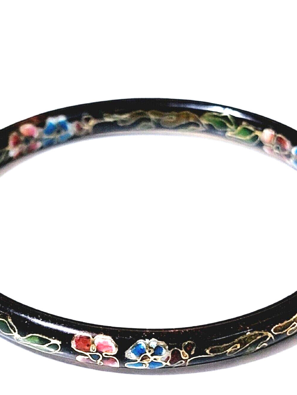 Vintage Black -Green/Gold/Blue/ Cloisonne Bangle Bracelet Asian Flowers